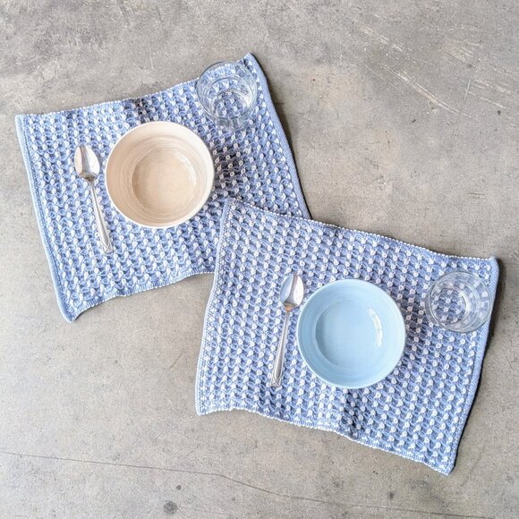 Brooks Brothers Blue White Plaid Crochet Knit Placemats Set of 2 - Picture 1 of 8